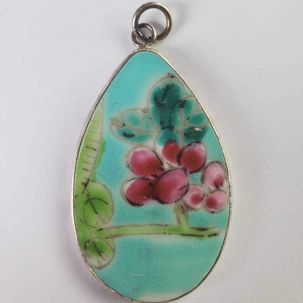 Vintage Turquoise Cloisonne Enamel Floral Teardrop Pottery Shard Pendant Focal‎ - Picture 10 of 10